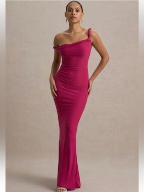 CLUB L LONDON BRAND NEW LITA HOT PINK TWISTED ASYMMETRIC MAXI DRESS